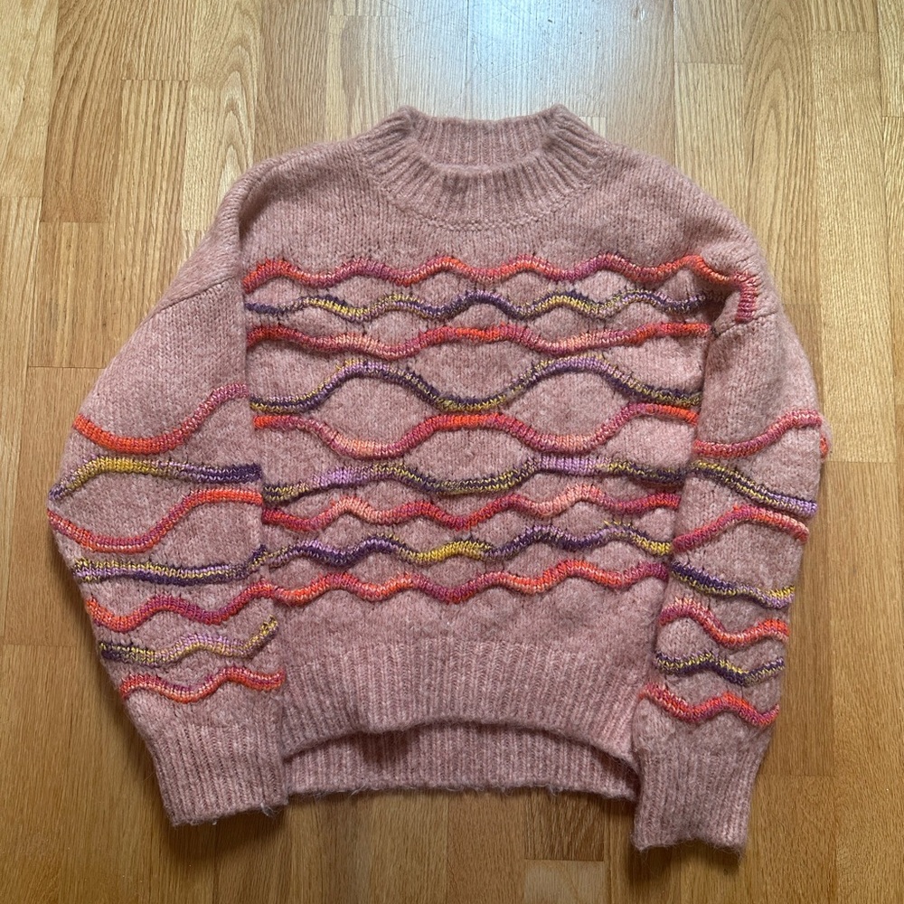 Urban Outfitters Pink Knit Sweater with Multicolor Wave Stitching Sz Small